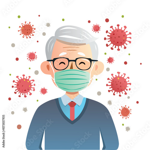Portrait of an old man wearing a mask with an illustration of a virus