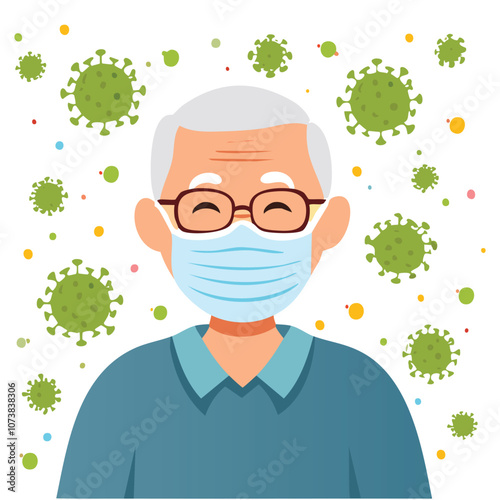 Portrait of an old man wearing a mask with an illustration of a virus