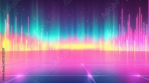 A vibrant digital landscape featuring colorful spectral waves in shades of pink  blue  and gold against a starlit backdrop.