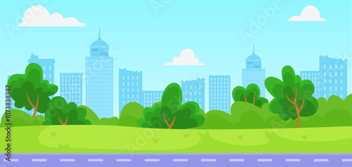 A vibrant cityscape with skyscrapers and lush greenery under a blue sky. Vector illustration