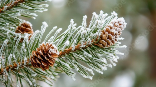 Frosted pine cone nestled among snowy evergreen branches