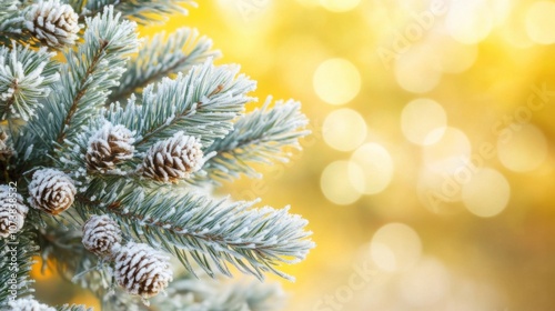 Frosted pine branches adorned with cones, glowing background highlights