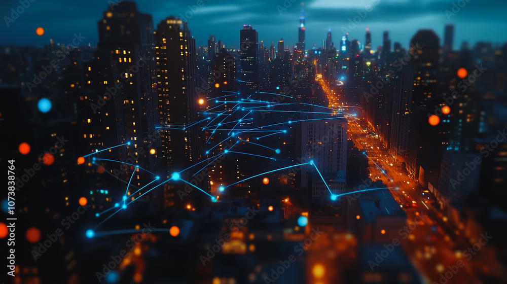 Fototapeta premium Smart digital Innovation city Business skyscrapers in the Financial District with connection network reciprocity over the cityscape at night time of future smart wireless social media networking