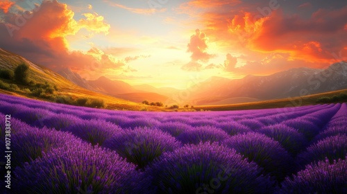 Breathtaking sunset over a vibrant lavender field, showcasing vivid colors and serene landscapes.