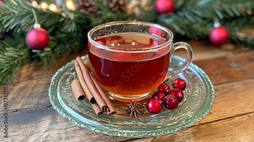 Cranberry tea infused with cloves and cinnamon, in a clear glass teacup with red and green holiday accents photo