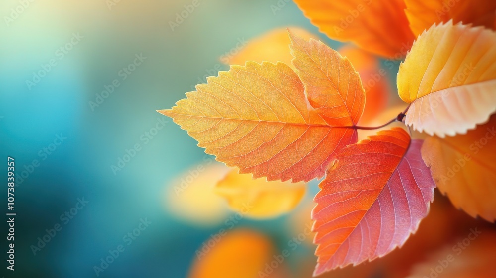 Vibrant autumn leaves in shades of orange and gold against a soft blue blurred background, evoking a peaceful mood. Vibrant autumn leaves in shades of orange and gold against a soft blue blurred background, evoking a peaceful mood.