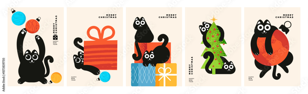 Merry Christmas and Happy New Year Greeting Cards. Cute vector ...