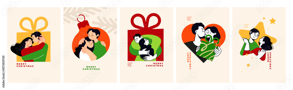 Fototapeta premium Set of Christmas and New Year Cards. Romantic vector illustration concepts for graphic and web design, social media banner, marketing material.