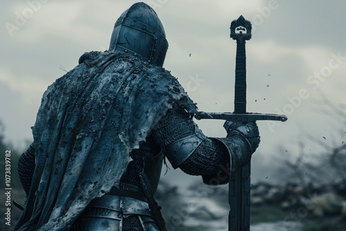 Medieval knight in chainmail and armor triumphantly raises his sword amidst the aftermath of a battle, representing bravery and victory in a dramatic historical scene photo