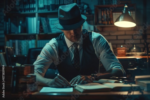 Vintage detective in traditional clothing focused on his work in a dimly lit 1970s-style office, creating an aura of mystery and the heyday of private investigation photo