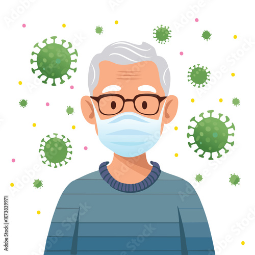 Portrait of an old man wearing a mask with an illustration of a virus