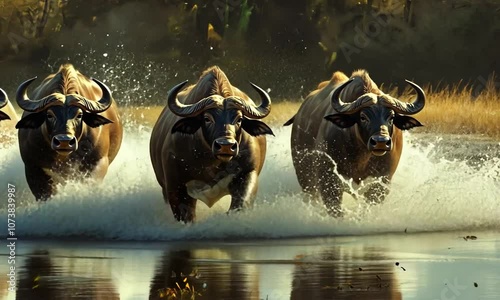 Wild African Buffalo Herd Galloping Through Water in Vibrant, Energetic Wildlife Action Scene