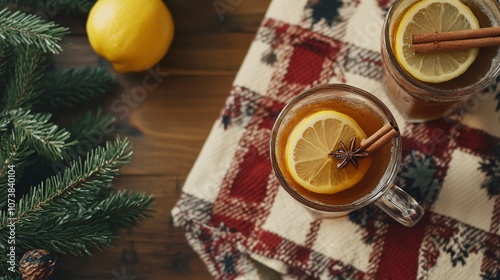 Holiday spiced hot toddy with lemon slices, honey, and cinnamon stick, on a table with holiday-themed napkins photo