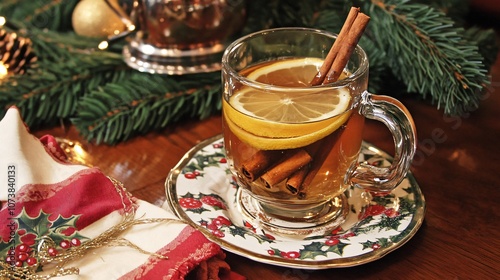 Holiday spiced hot toddy with lemon slices, honey, and cinnamon stick, on a table with holiday-themed napkins