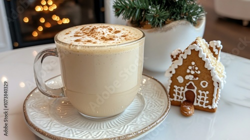 Honey and almond eggnog latte with a sprinkle of nutmeg, served with a mini gingerbread house on the side