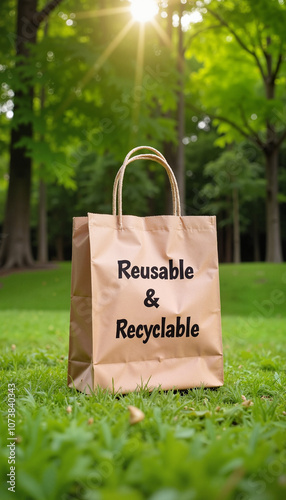 Reusable and recyclable tote bag in a sunlit park setting