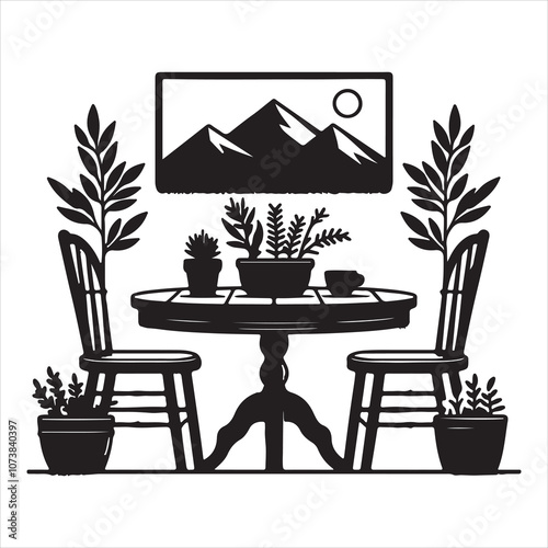 Graphic illustration of a dressing table by hand featuring a mirror, makeup brushes, and other accessories