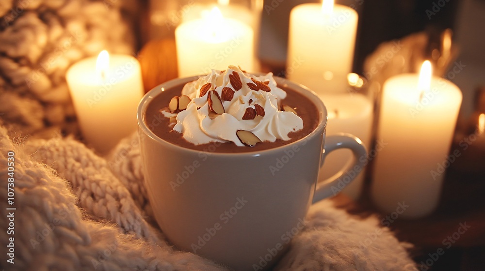 Hot chocolate with homemade almond milk, topped with whipped cream and toasted almond slivers, surrounded by candles Hot chocolate with homemade almond milk, topped with whipped cream and toasted almond slivers, surrounded by candles