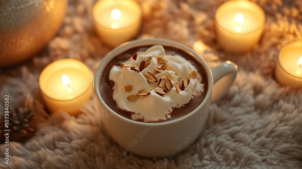 Hot chocolate with homemade almond milk, topped with whipped cream and toasted almond slivers, surrounded by candles Hot chocolate with homemade almond milk, topped with whipped cream and toasted almond slivers, surrounded by candles