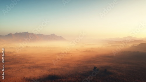 A breathtaking sunrise over a misty desert landscape, capturing golden hues and distant mountains.