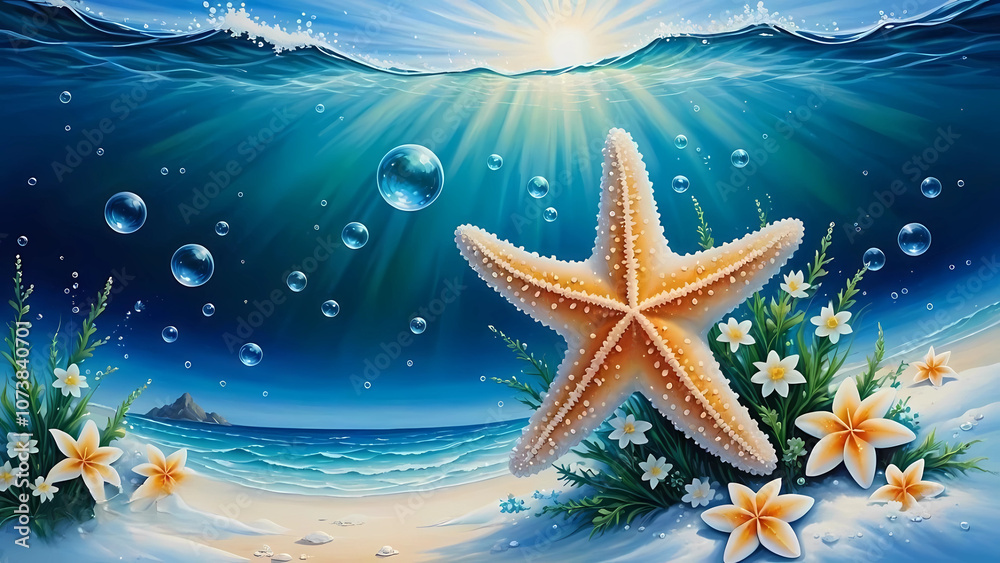 Tropical seascape with starfish, plumeria flowers and bubbles under the sun's rays [with space to copy] 