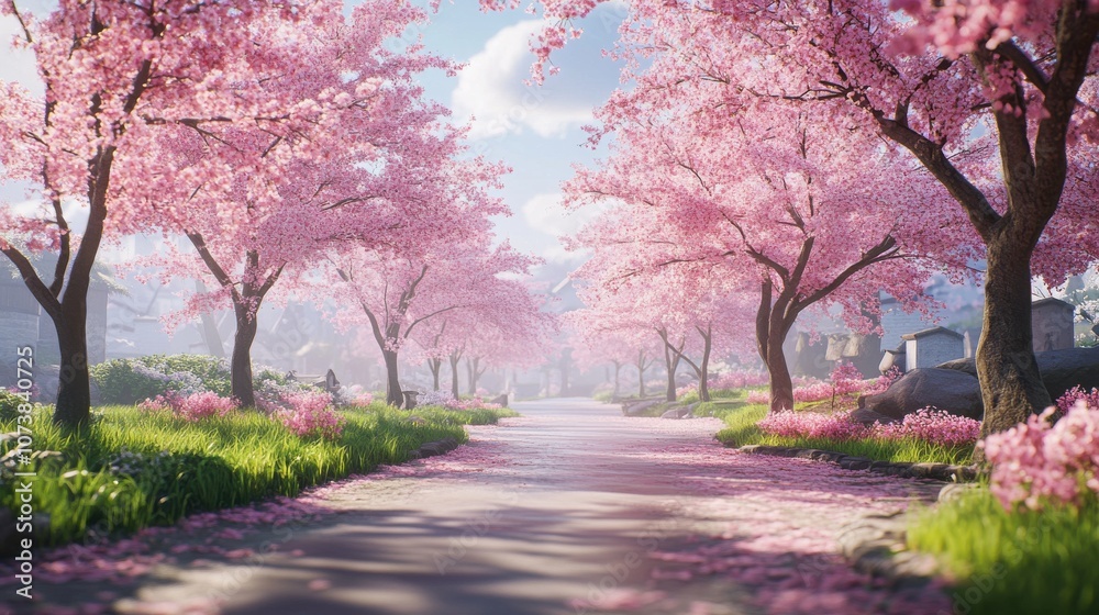 A serene path lined with blooming cherry blossom trees in soft pink hues, creating a tranquil atmosphere. A serene path lined with blooming cherry blossom trees in soft pink hues, creating a tranquil atmosphere.