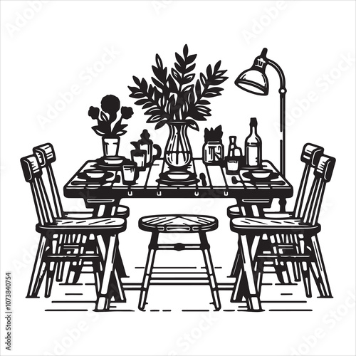 An illustration using line art of a minimalist dining table with plants