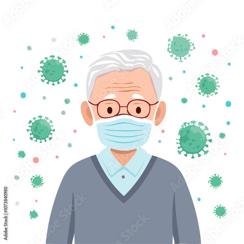 Portrait of an old man wearing a mask with an illustration of a virus