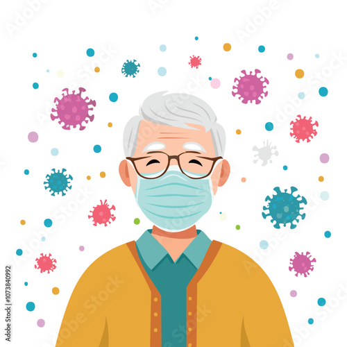 Portrait of an old man wearing a mask with an illustration of a virus