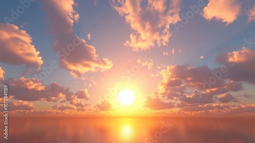 A breathtaking sunset over a calm ocean, with soft, colorful clouds glowing in warm hues of orange and pink.