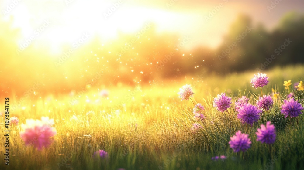 A serene sunset casts a golden light over a vibrant field of purple flowers, creating a tranquil and uplifting atmosphere. A serene sunset casts a golden light over a vibrant field of purple flowers, creating a tranquil and uplifting atmosphere.