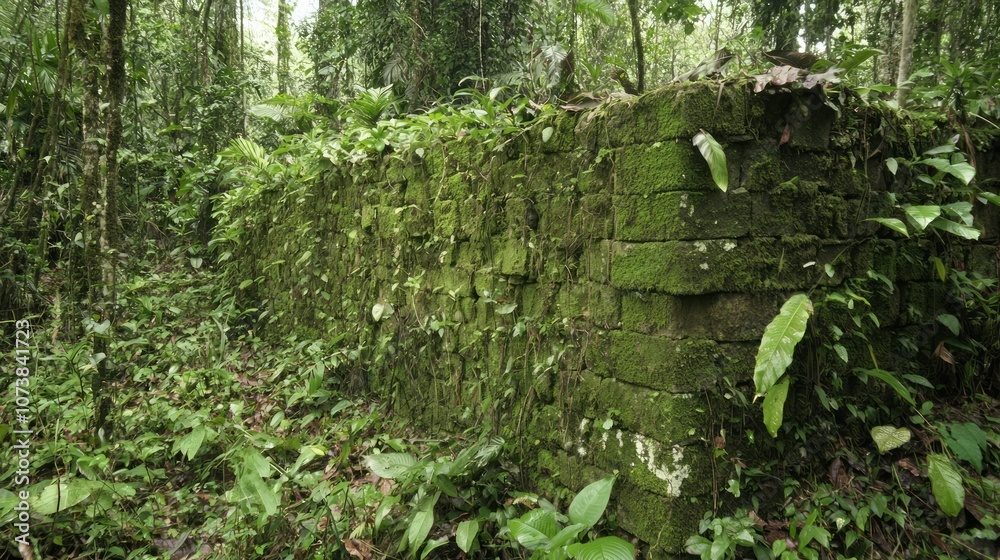 Fototapeta premium Remnants of a Once Thriving Civilization: Crumbling Stone Wall Overgrown with Moss and Ivy in Dense Forest Setting
