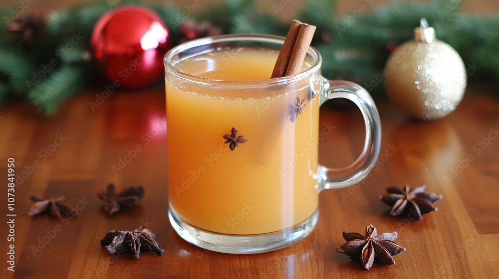 Warm spiced apple cider in a glass mug with cinnamon sticks, cloves, and star anise, set on a wooden table with holiday ornaments Warm spiced apple cider in a glass mug with cinnamon sticks, cloves, and star anise, set on a wooden table with holiday ornaments
