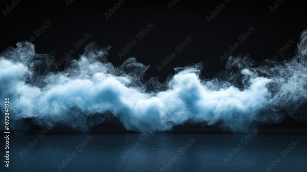 Ethereal blue smoke curling against a dark background, creating a mystical and serene atmosphere. Ethereal blue smoke curling against a dark background, creating a mystical and serene atmosphere.