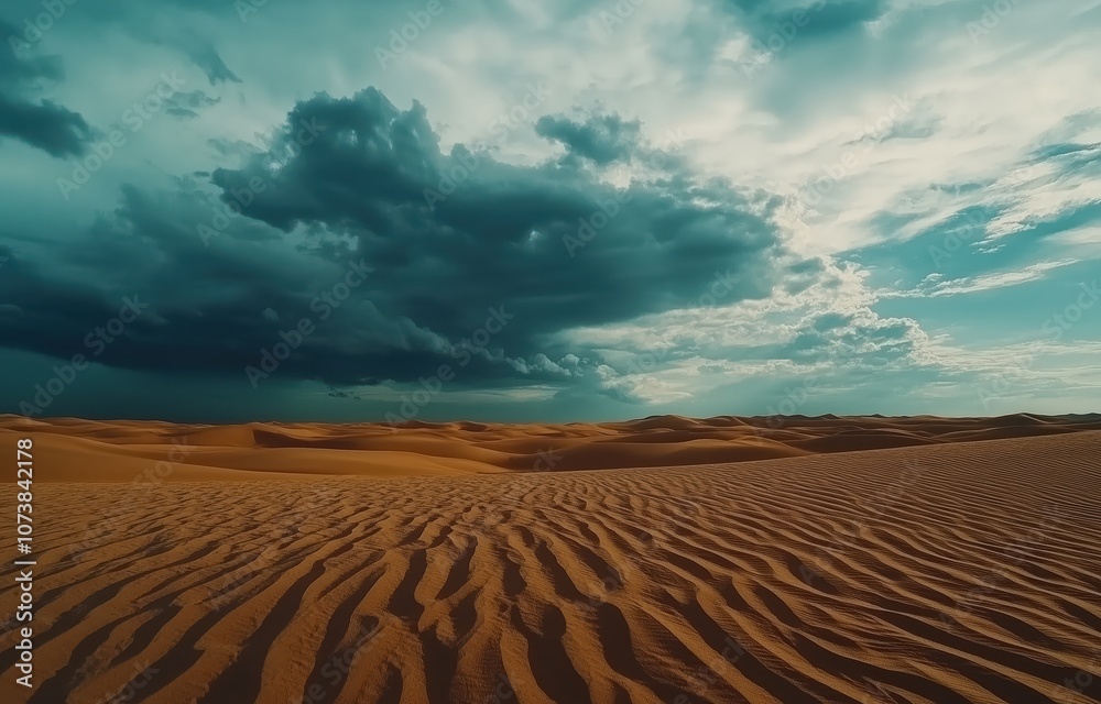 Naklejka premium Photograph of an Endless Desert with Sand Ripples and a Dramatic Cloudy Sky