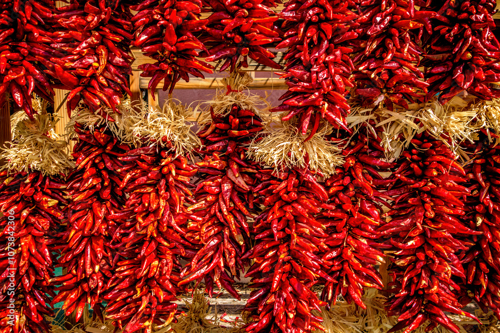 Dried red chile peppers at an open market in Santa Fe, New Mexico