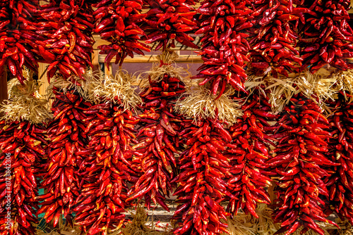 Dried red chile peppers at an open market in Santa Fe, New Mexico
