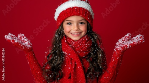 Joyful Winter Portrait with Snowflakes and Red Attire against Red Background photo