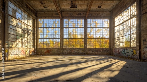 Echoes of the Past - Ultra-Detailed View of Abandoned Warehouse with Graffiti-Covered Walls and Broken Windows