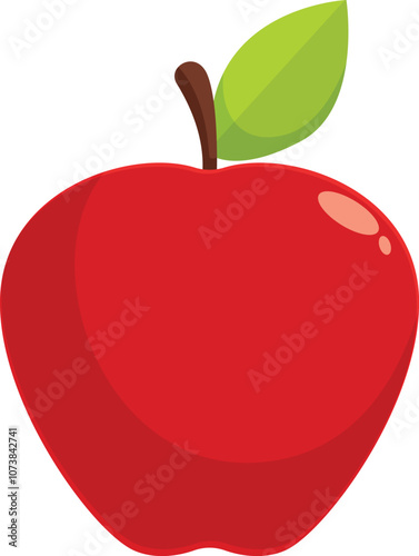 Cartoon shiny red apple with green leaf representing healthy eating habits and freshness