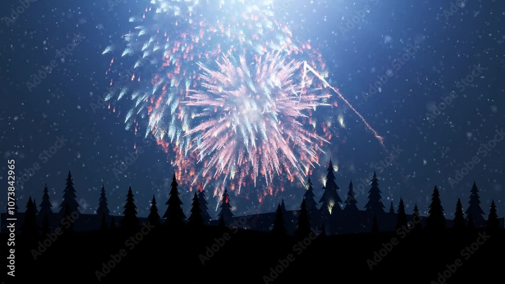 Night blue winter tree landscape with loop fireworks animation.