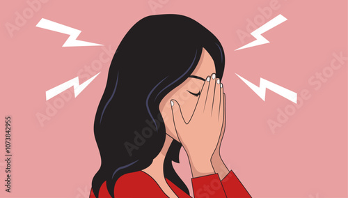 Headache and migraine woman - Female person exhausted with sever head pain and burnout symptoms holding hands on face feeling very bad, depressed and stressed. Vector illustration
