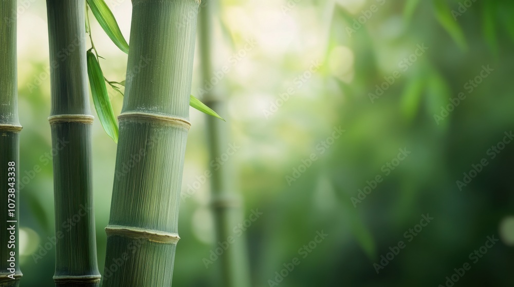 Fototapeta premium Close-up of green bamboo stalks with soft blurred background, showcasing nature's elegance and tranquility.