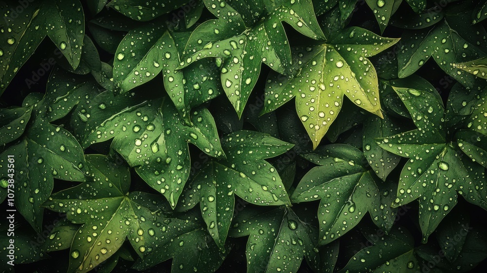 Fototapeta premium A lush layer of green leaves, adorned with droplets of water, creating a vibrant and refreshing natural scene.