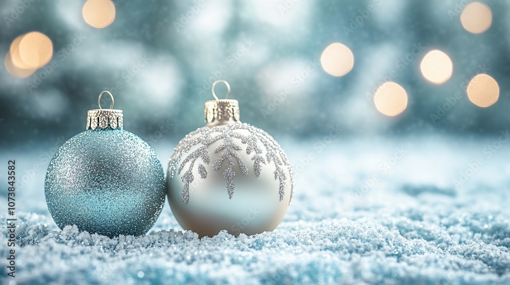 Two Christmas ornaments in the snow with a blurred background of lights. Two Christmas ornaments in the snow with a blurred background of lights.