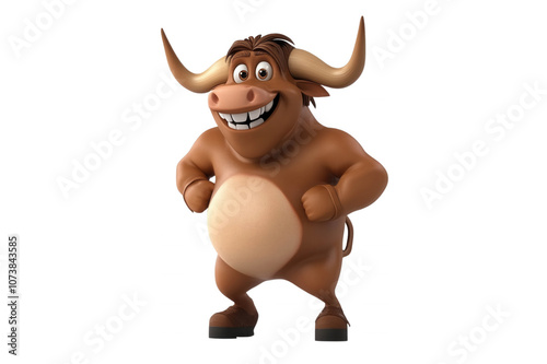 A cartoon bull with a wide grin stands with hands on hips, isolated on transparent or white background