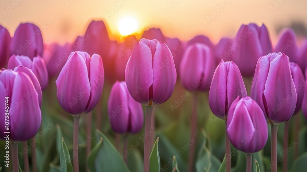 Vibrant purple tulips basking in the warm glow of a sunset, creating a stunning floral landscape. Vibrant purple tulips basking in the warm glow of a sunset, creating a stunning floral landscape.