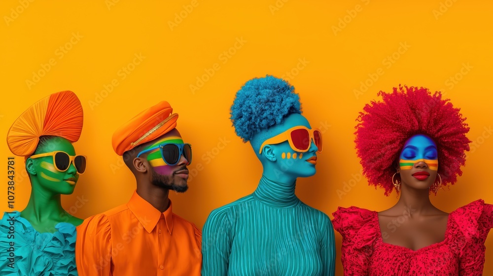 A joyful group of friends expresses their pride through colorful outfits and face paint, radiating happiness and unity A joyful group of friends expresses their pride through colorful outfits and face paint, radiating happiness and unity