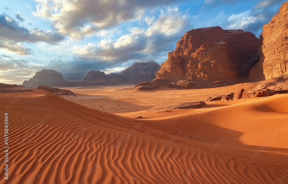 Naklejka premium Photograph of an Endless Desert with Sand Ripples and a Dramatic Cloudy Sky