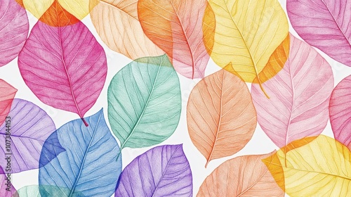 Colorful, vibrant leaves in various shades of pink, orange, yellow, and blue create a lively and artistic backdrop.